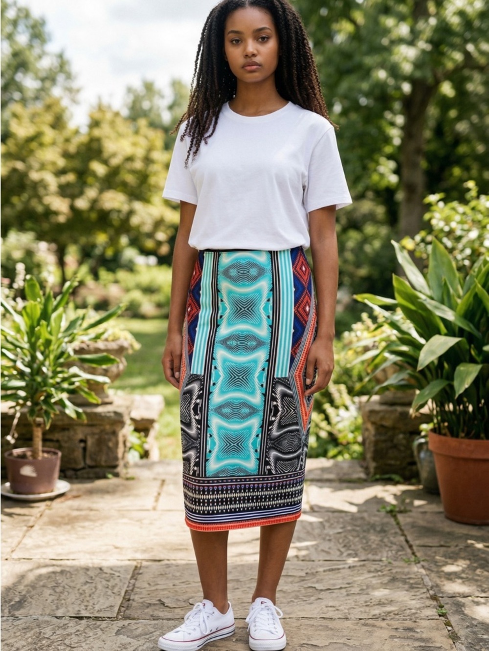 🛍️BISOU BISOU Black, teal multi graphic stretchy pencil skirt size M.